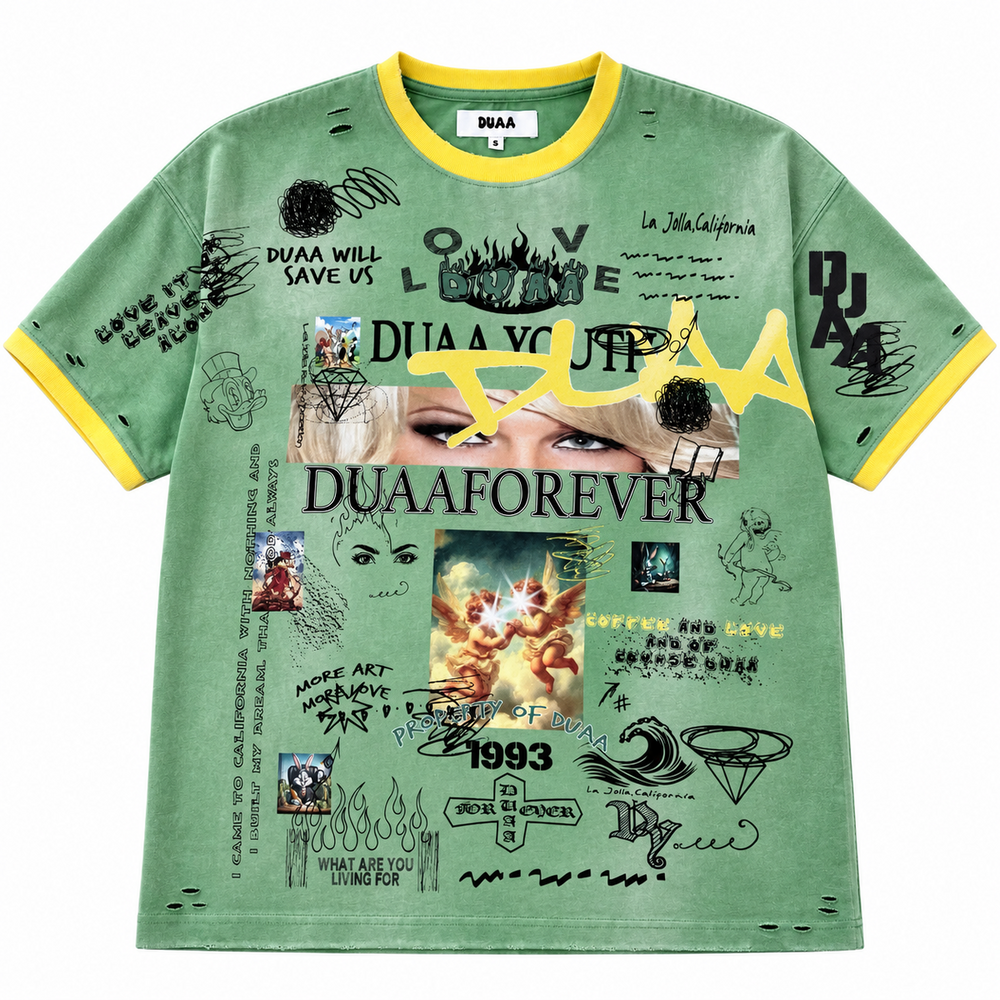 Green distressed streetwear t-shirt with yellow trim, featuring graphic collages, Duaa branding, and artistic text prints.