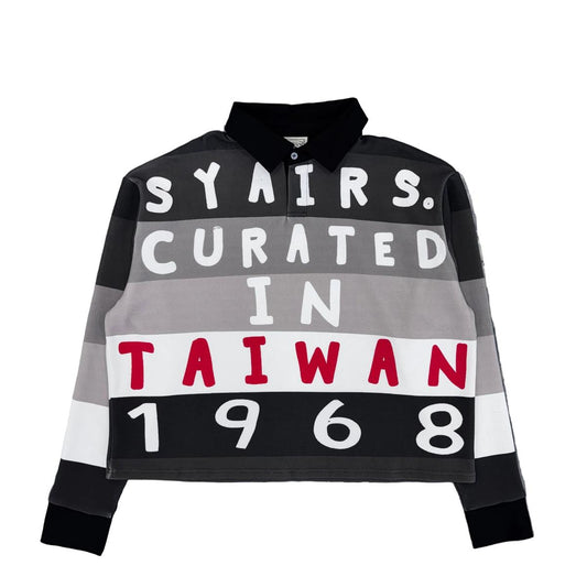 Syair Saihara Charcoal 1968 Taiwan Polo featuring bold text design in black, grey, and red colors.