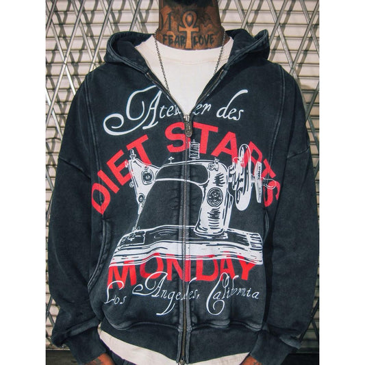 Vintage black zip-up hoodie featuring a red and white sewing machine graphic and Diet Starts Monday script.