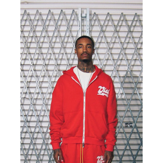 Red Diet Starts Monday full-zip hoodie with white chest logo, silver zipper, and adjustable drawstring hood.