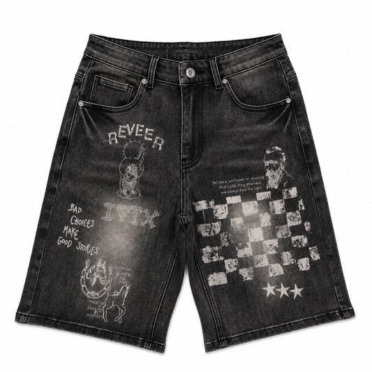 Reveer | Checkered Denim Jorts - Black