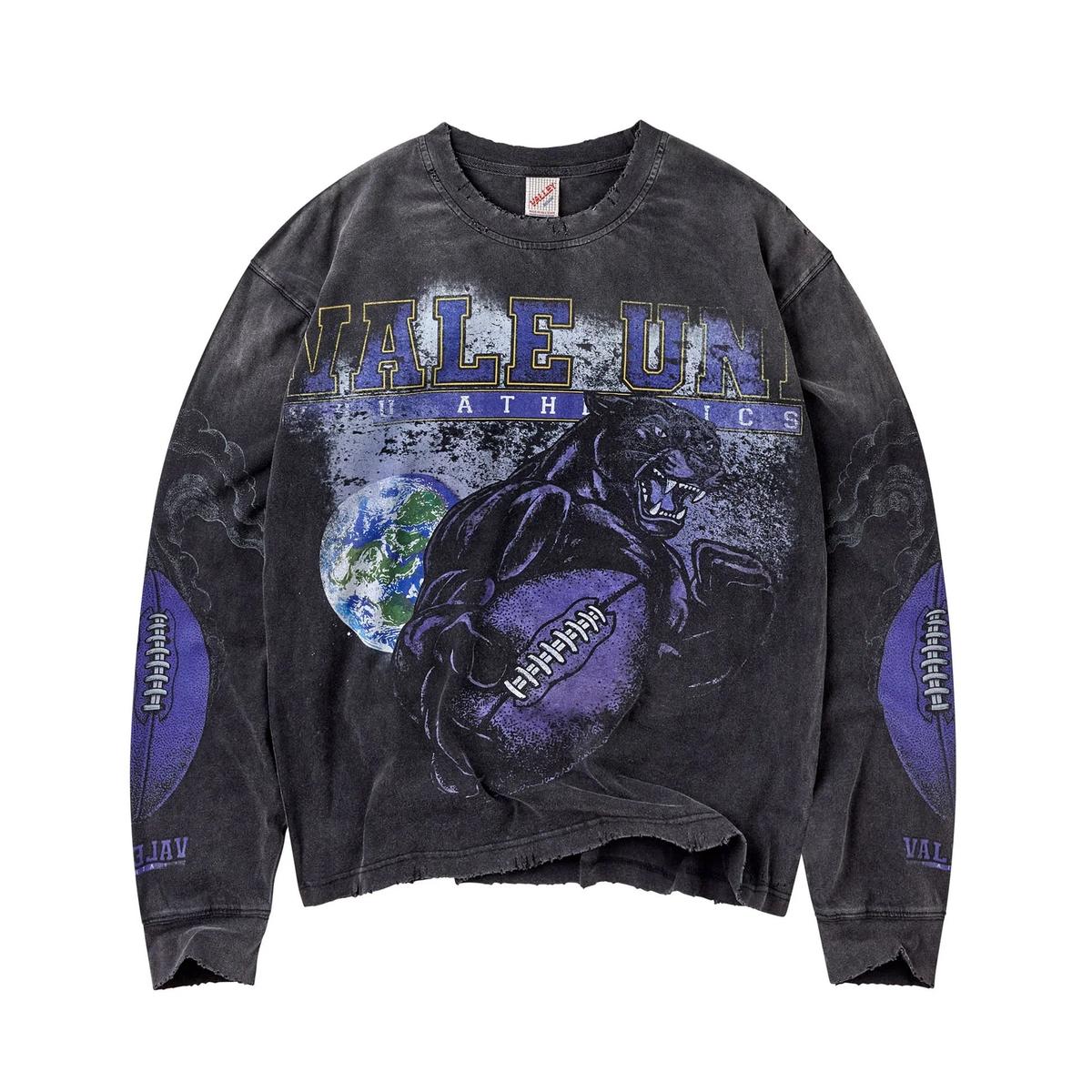 Washed charcoal oversized long sleeve tee with vintage Vale Uni panther football graphic and distressed raw-cut hem.