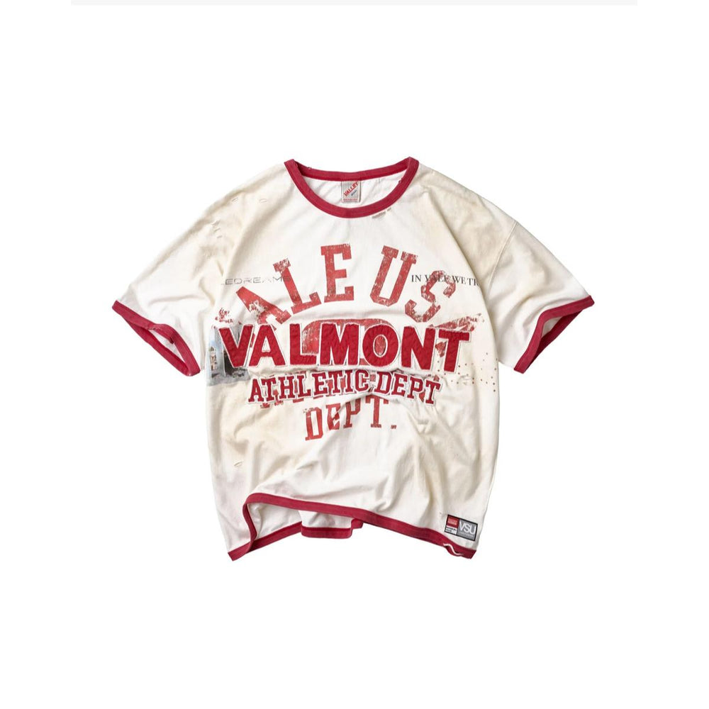 Off-white ringer tee with red trim and distressed Valmont Athletic Dept graphic print on the front.