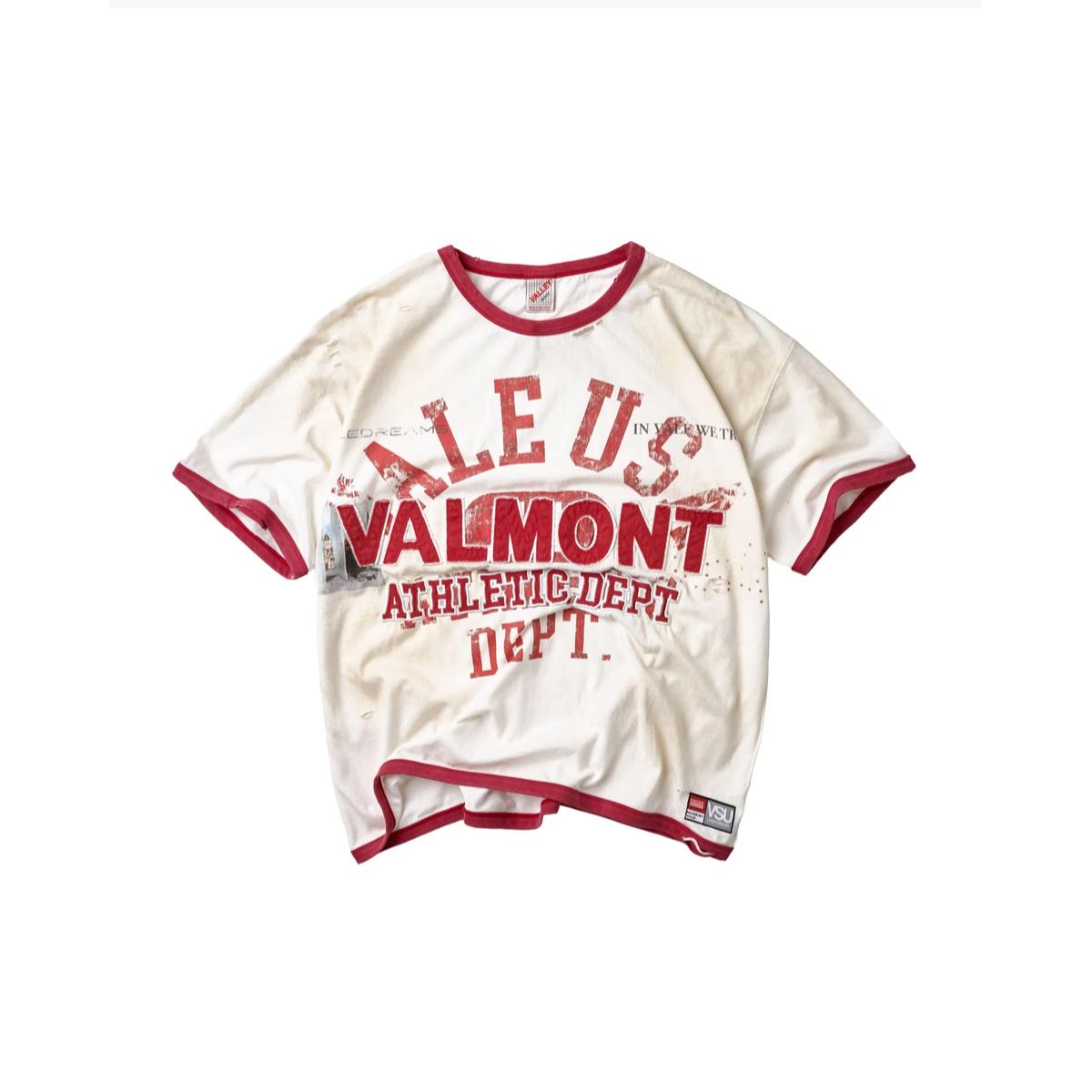 Off-white ringer tee with red trim and distressed Valmont Athletic Dept graphic print on the front.
