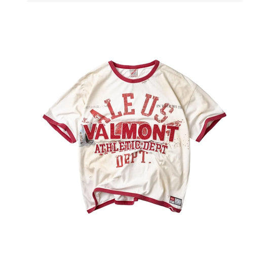 Off-white ringer tee with red trim and distressed Valmont Athletic Dept graphic print on the front.