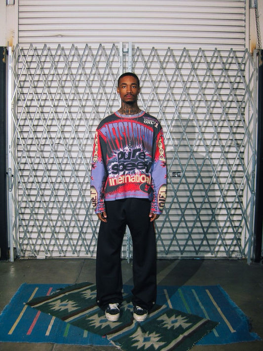 Diet Starts Monday | Striped Sweatpants - Black worn by model in relaxed streetwear fit with a bold graphic shirt.