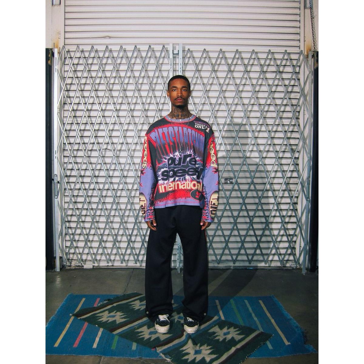 Diet Starts Monday | Striped Sweatpants - Black worn by model in relaxed streetwear fit with a bold graphic shirt.