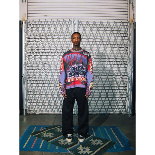 Diet Starts Monday | Striped Sweatpants - Black worn by model in relaxed streetwear fit with a bold graphic shirt.