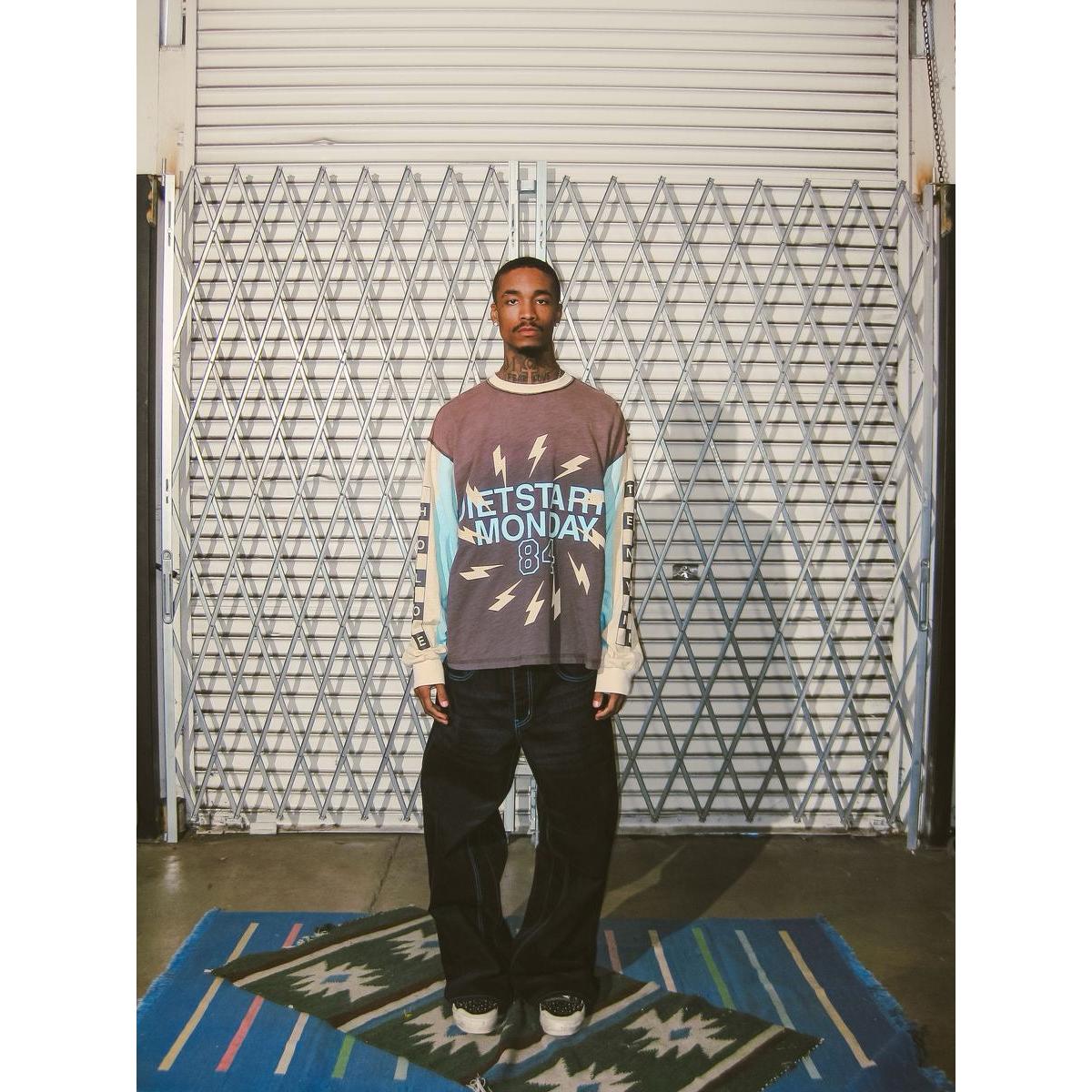 Model wearing Diet Starts Monday | Bolt Panel Long Sleeve Tee with vintage graphics, relaxed fit, and statement sleeves.