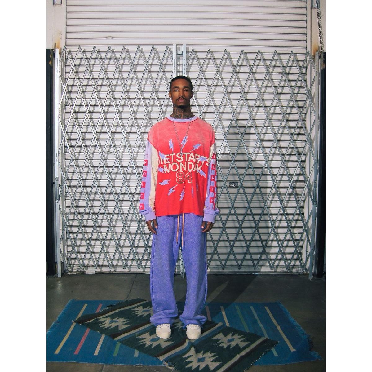 Diet Starts Monday | Bolt Panel Long Sleeve-Red/Purple worn by a model in a vintage-inspired outfit with lightning graphics.