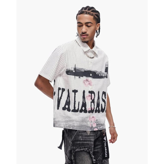 Valabasas | Flower Bomb Pin-Striped Button Up - White