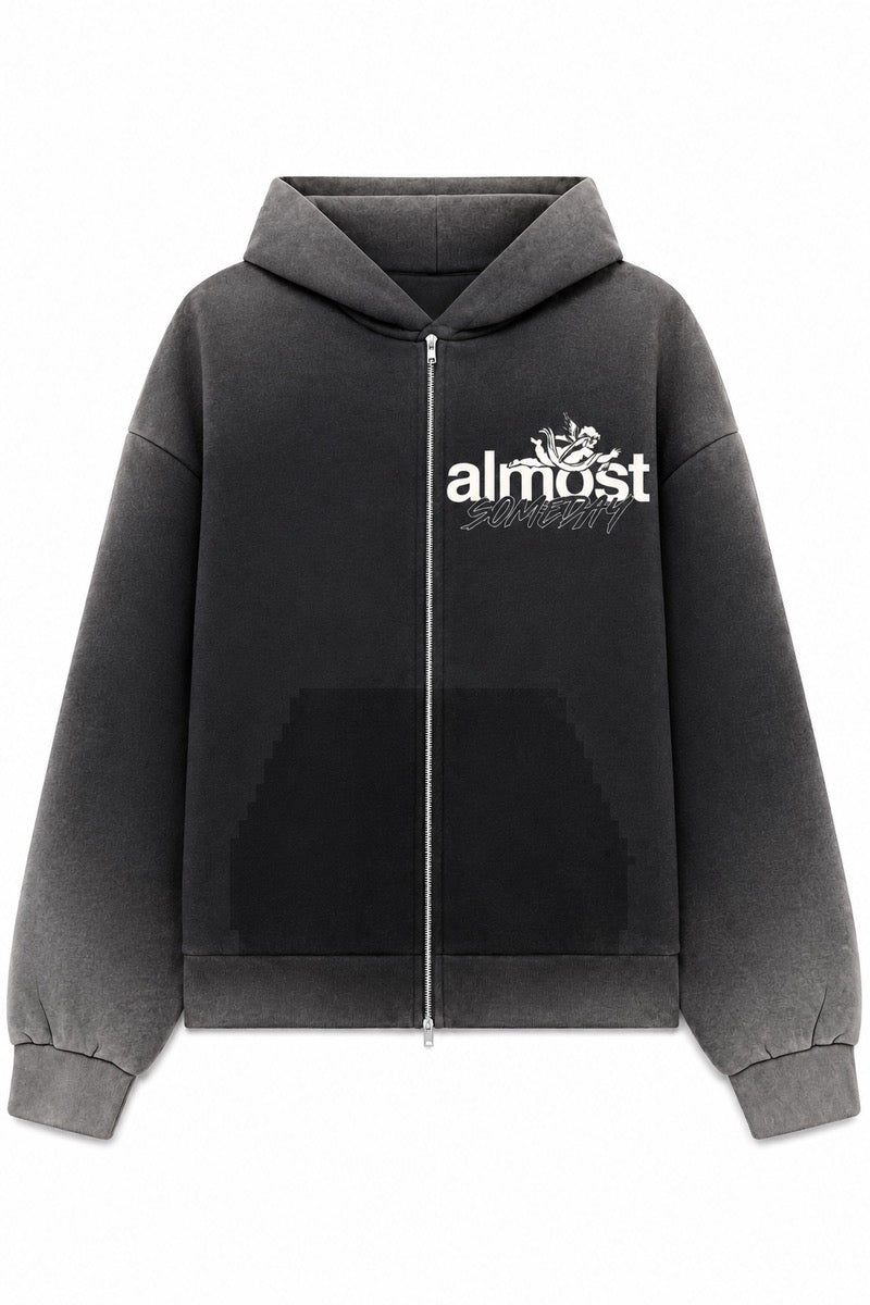 Black washed zip-up hoodie with white Almost Someday logo, front zipper, and vintage-inspired streetwear aesthetic.