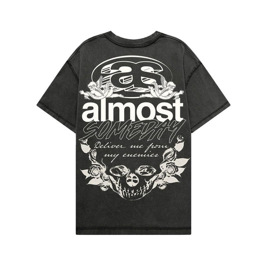 Black streetwear tee featuring a white graphic print with skull, rose, and Almost Someday Enemies text on the back.