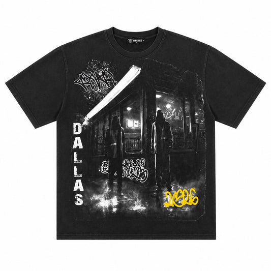 Reveer | After Hours Tee - Black featuring bold graphic design with street light and oversized graffiti.