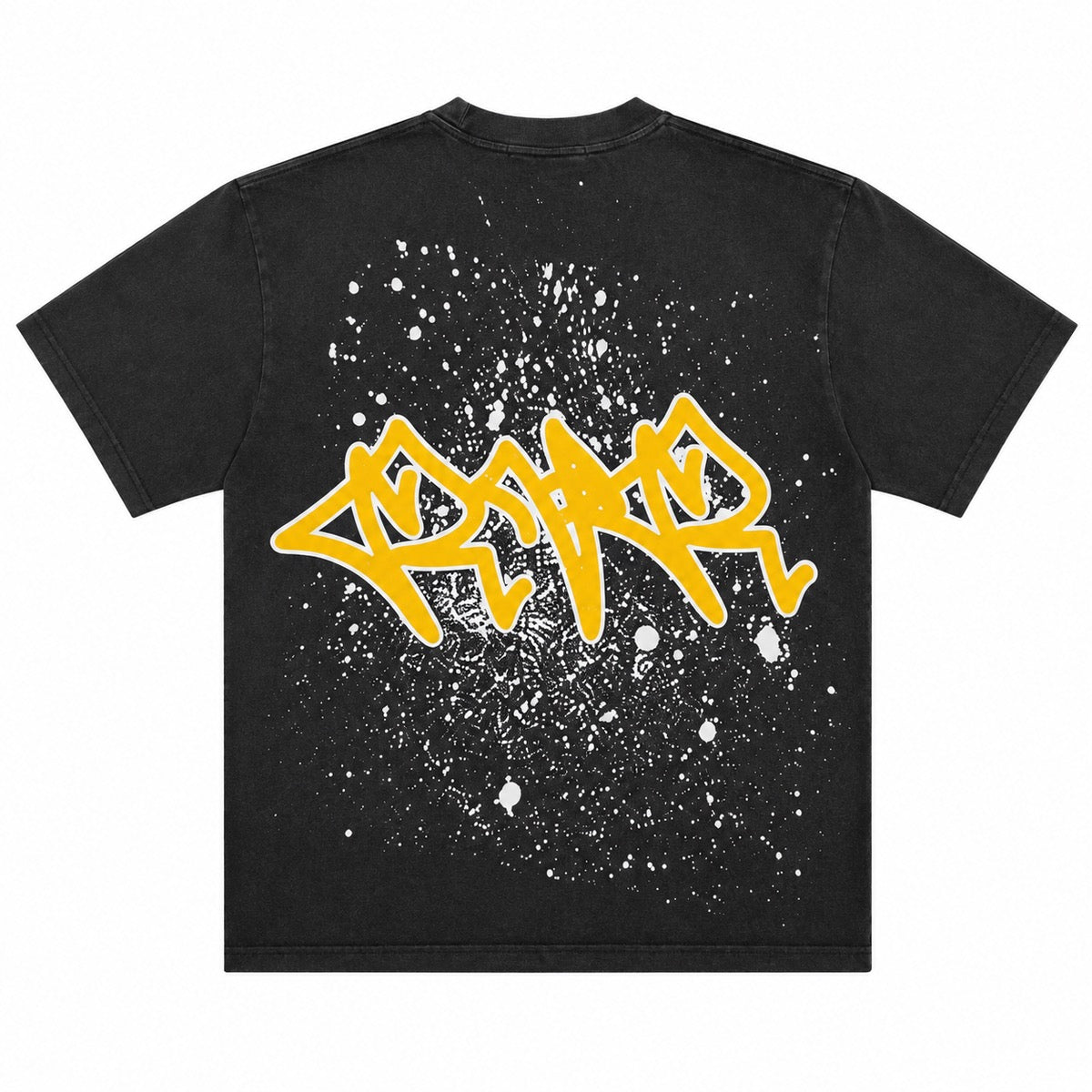 Reveer | After Hours Tee - Black featuring bold yellow graffiti on a paint-splatter design.