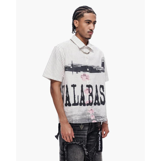 Valabasas | Flower Bomb Pin-Striped Button Up - White