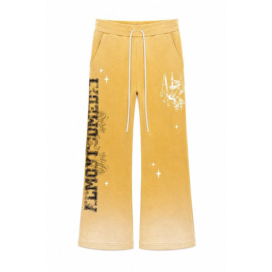 Yellow flared sweatpants with white drawstring, floral graphics, and Almost Someday text in a relaxed streetwear fit.