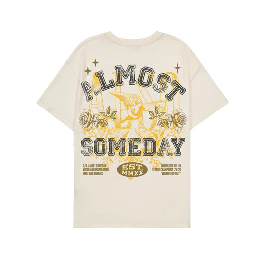 Cream short-sleeve crewneck tee featuring a vintage-style Almost Someday graphic with an angel, roses, and gold lettering.