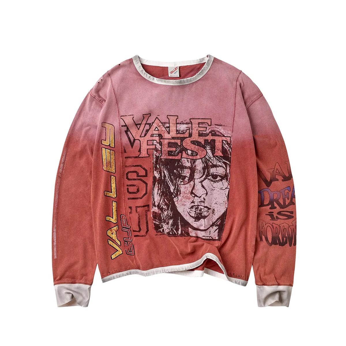 Washed red long sleeve tee with distressed portrait graphic, white contrast neckline, cuffs, and raw-cut hem detailing.