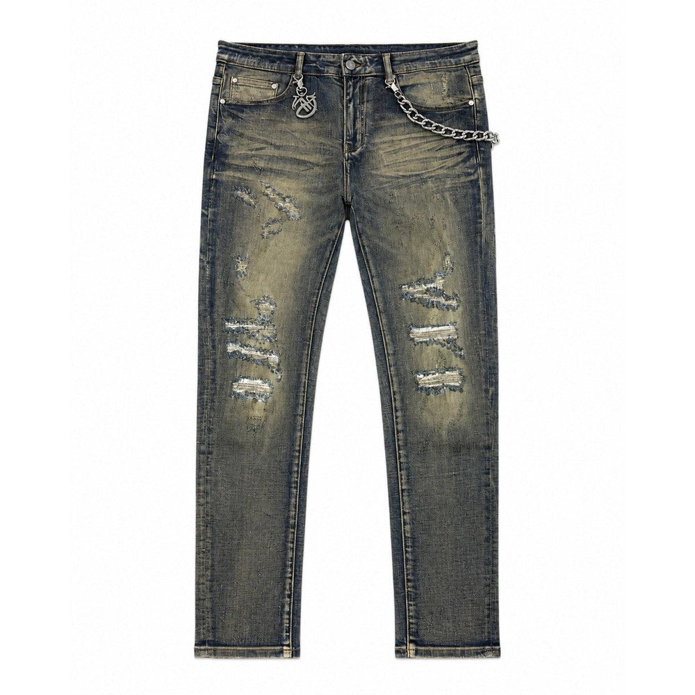 GFTD LA dark wash skinny jeans with distressed rips, frayed detailing, whiskering, and a silver chain accessory.
