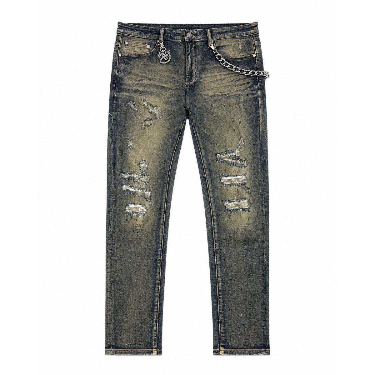 GFTD LA dark wash skinny jeans with distressed rips, frayed detailing, whiskering, and a silver chain accessory.