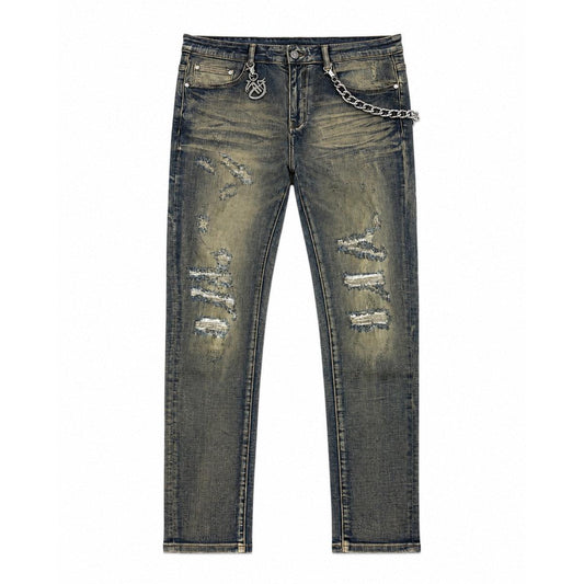 GFTD LA dark wash skinny jeans with distressed rips, frayed detailing, whiskering, and a silver chain accessory.