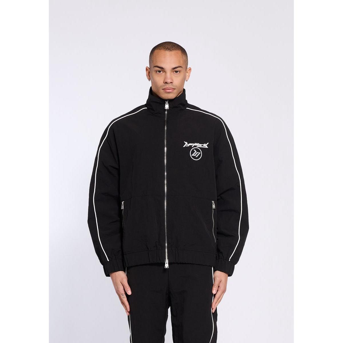 Black Y2K track jacket with white piping, full-zip front, and graphic logo detail on the chest.