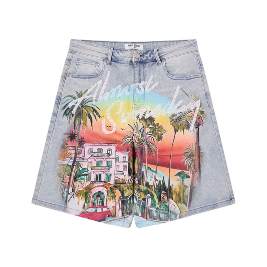 light blue denim shorts with immersive hollywood print and pearl script across branding