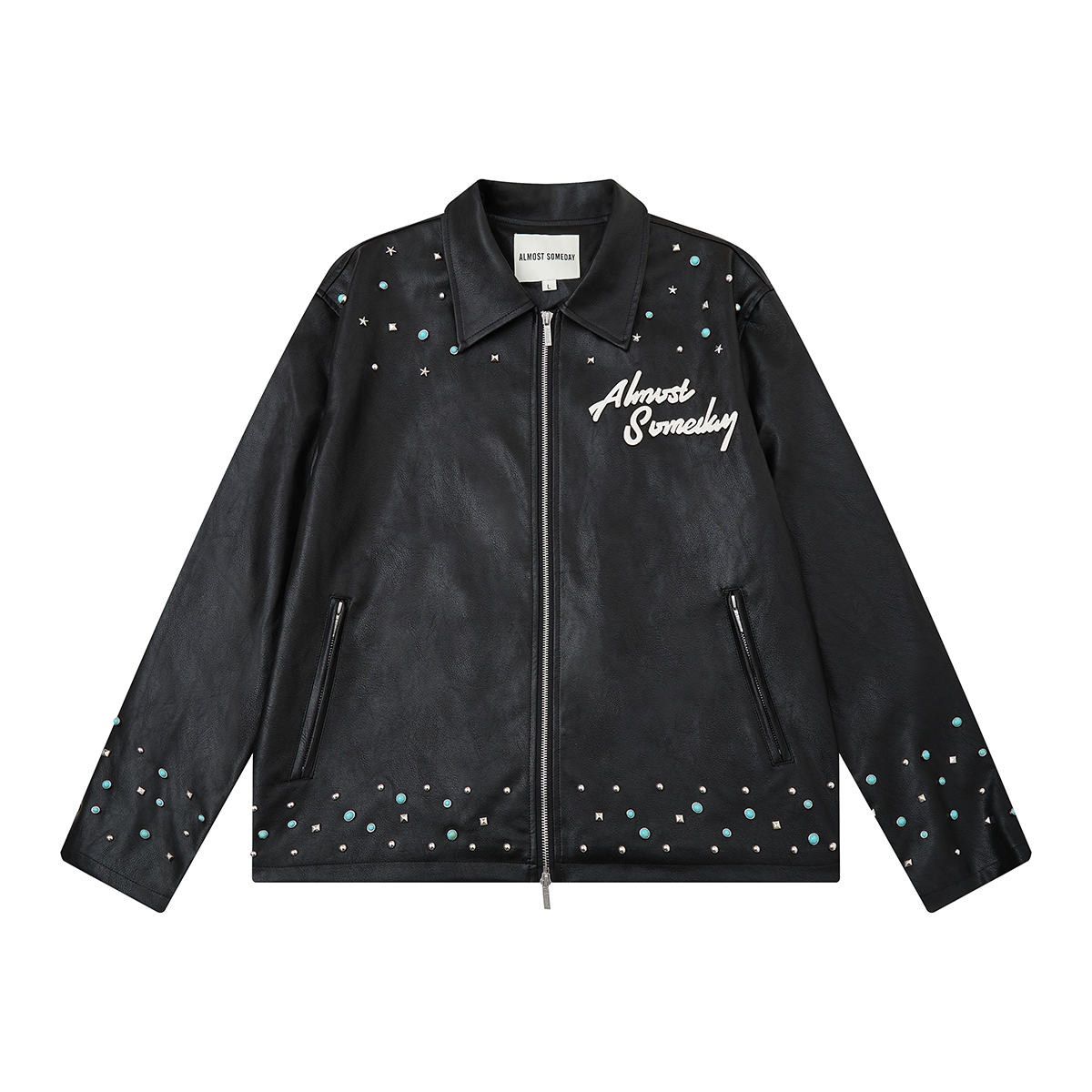 Black leather jacket with decorative elements and 'Almost Someday' text on a white background