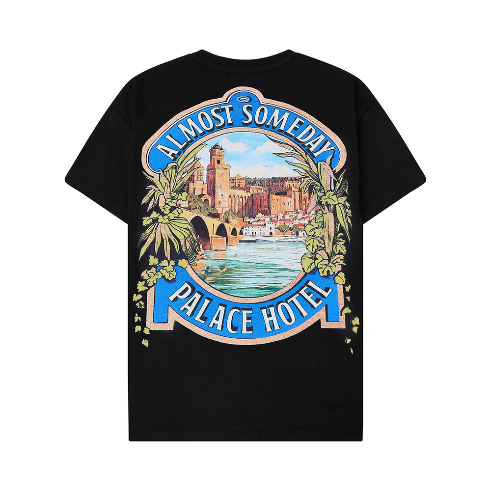 Black t-shirt with 'Almost Someday Palace Hotel' graphic design on a white background
