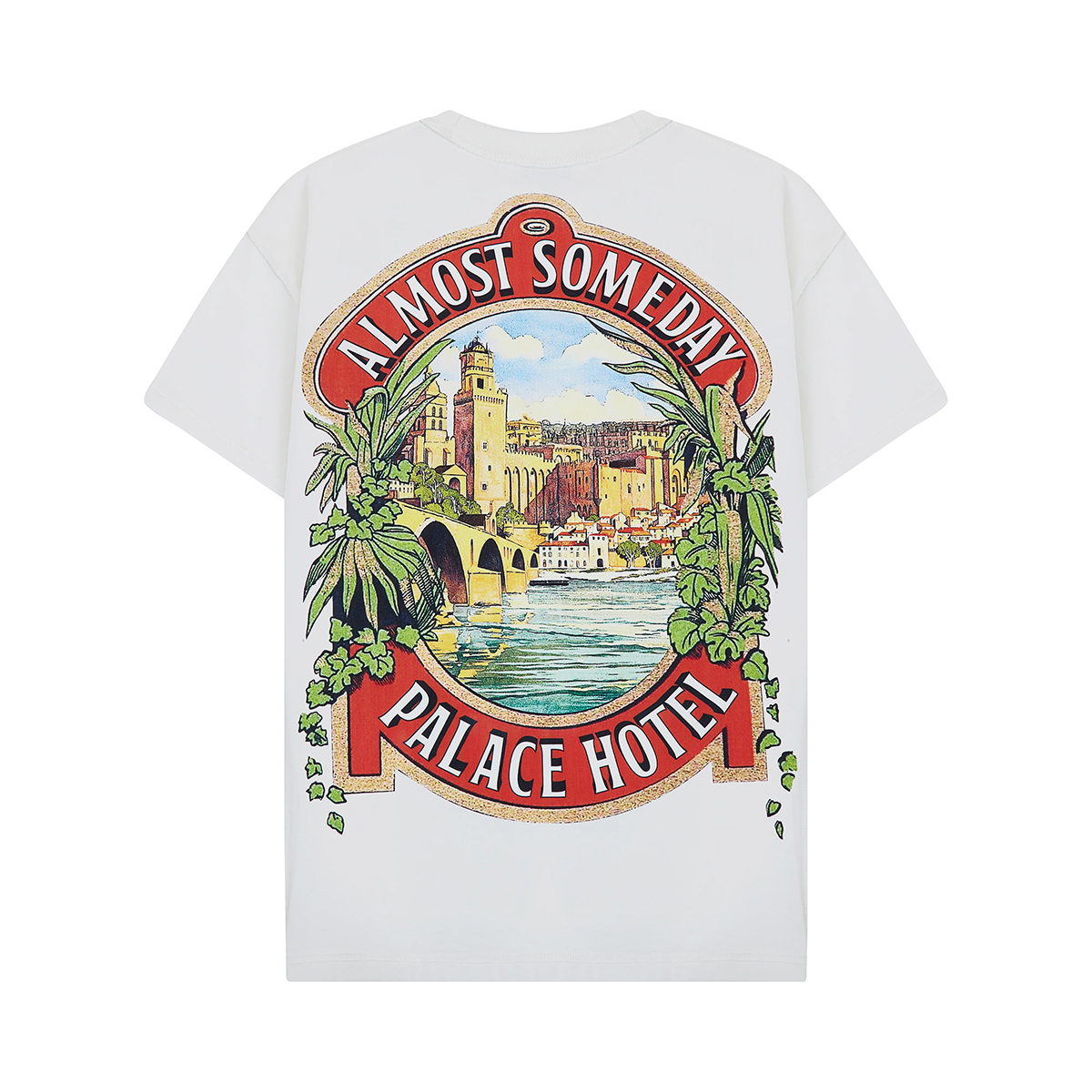 White t-shirt with 'Almost Someday Palace Hotel' graphic design on a white background