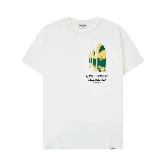 almost someday front view t-shirt with architectural arches print on the chest on a cream base