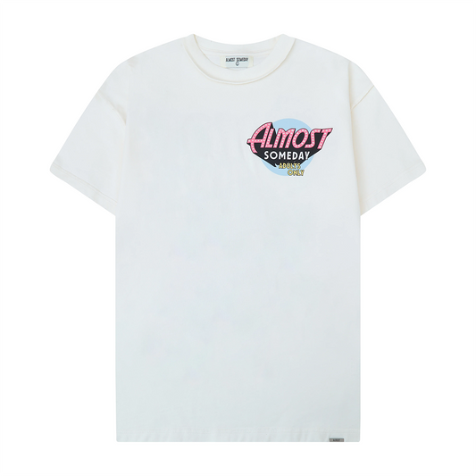 Cream t-shirt with 'Almost Someday' graphic design on a white background