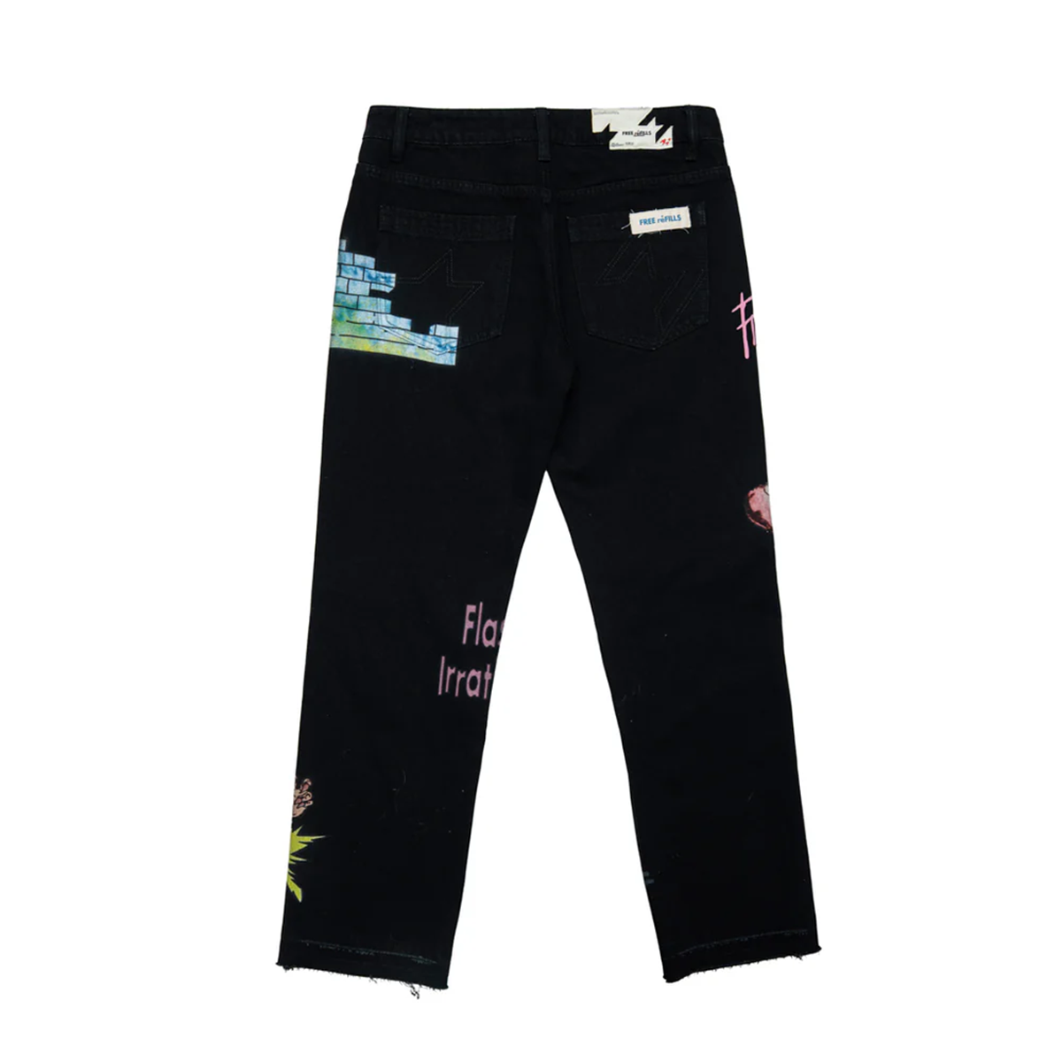 Black jeans with colorful text and graphics on a white background