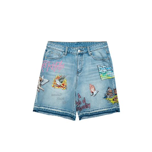free refills light blue denim shorts with printed graphics front view