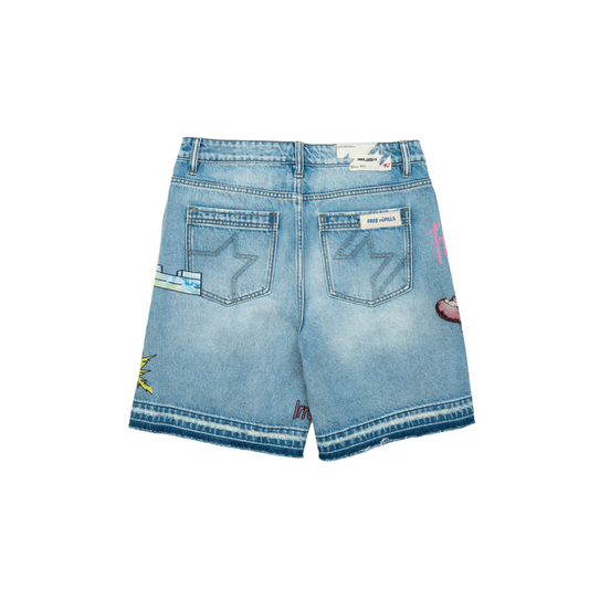 free refills light blue denim shorts with printed graphics back view