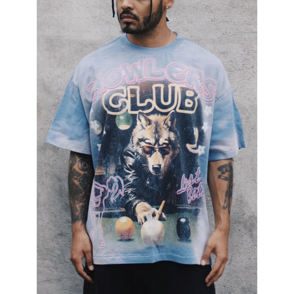 Howlers Club Last Bite Wolf graphic t-shirt front view, vintage streetwear wolf design with neon pool hall scene