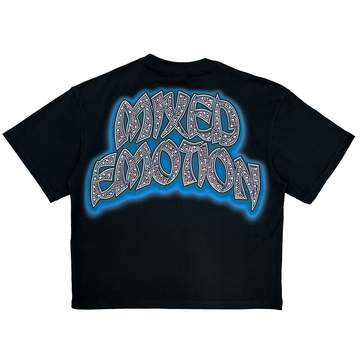 Mixed Emotion logo in rhinestones with electric blue fade