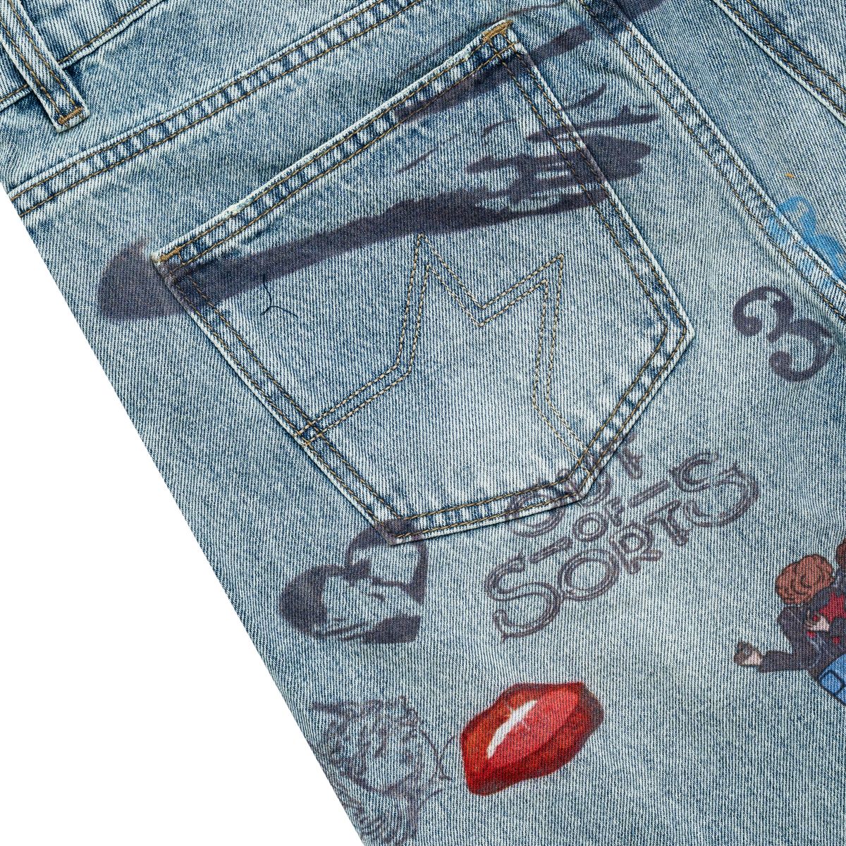 Free Refills | Graffiti Jorts - Blue Wash