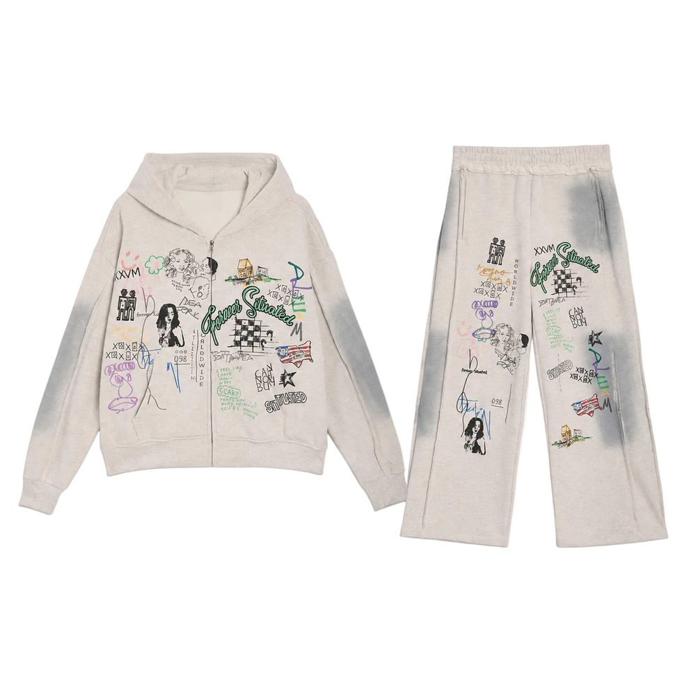 Forever Situated | Printed Sweat Pants Set With Hoodie - Grey