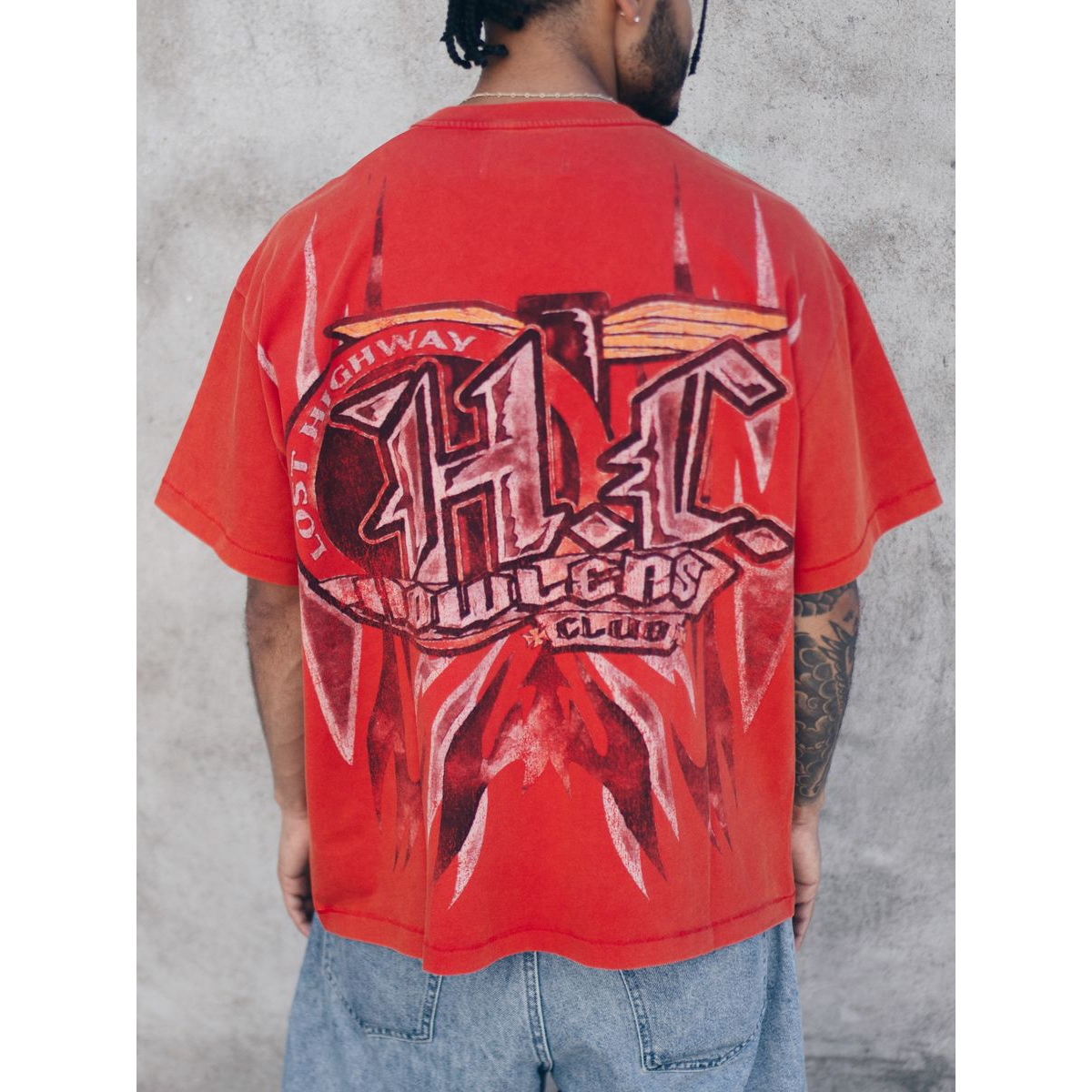 Howlers Club Red Speedway Graphic Tee with wolf and racing print