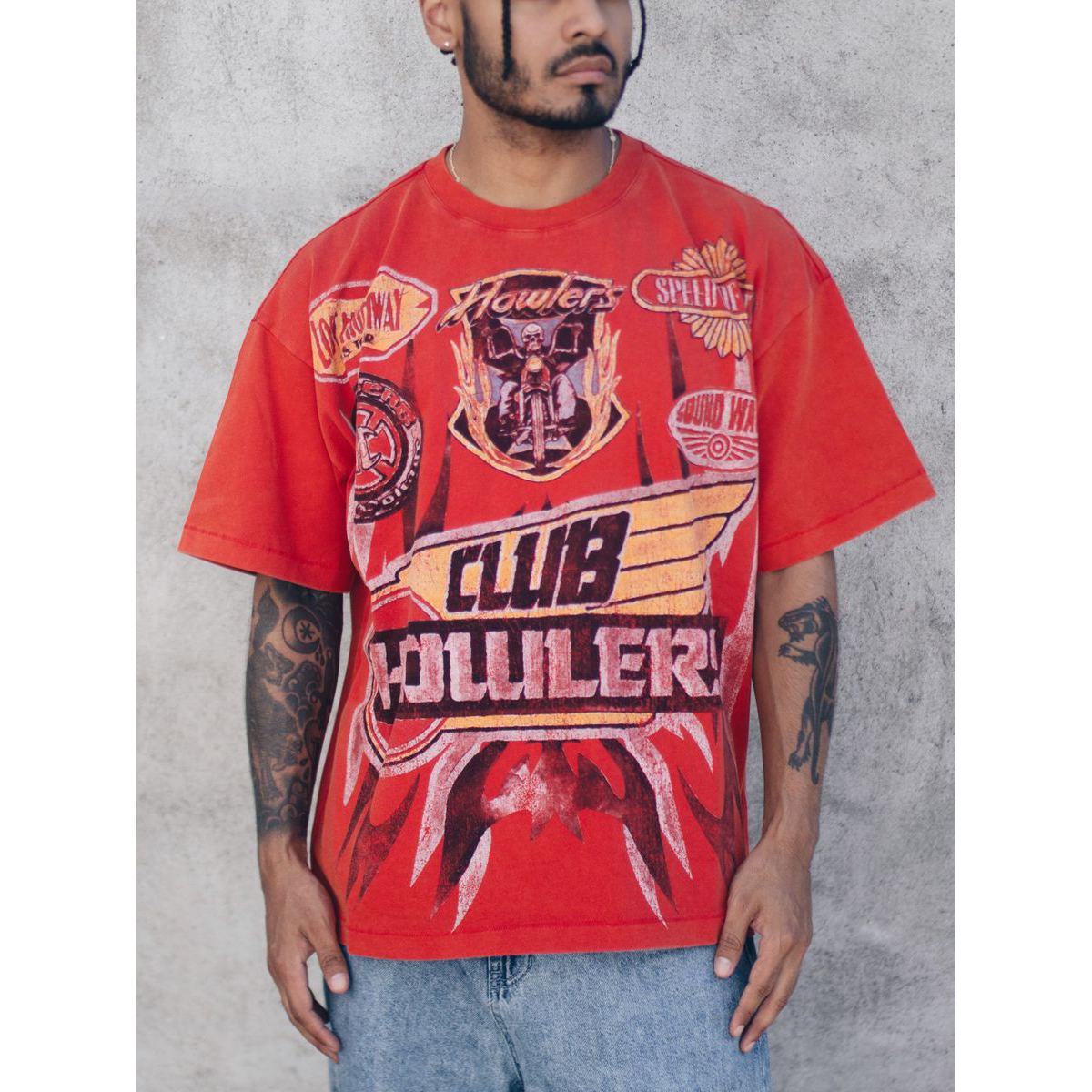 Howlers Club Red Speedway Graphic Tee with wolf and racing print