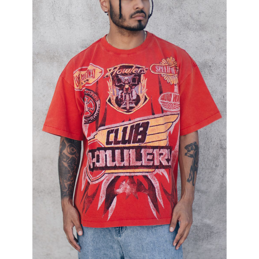 Howlers Club Red Speedway Graphic Tee with wolf and racing print