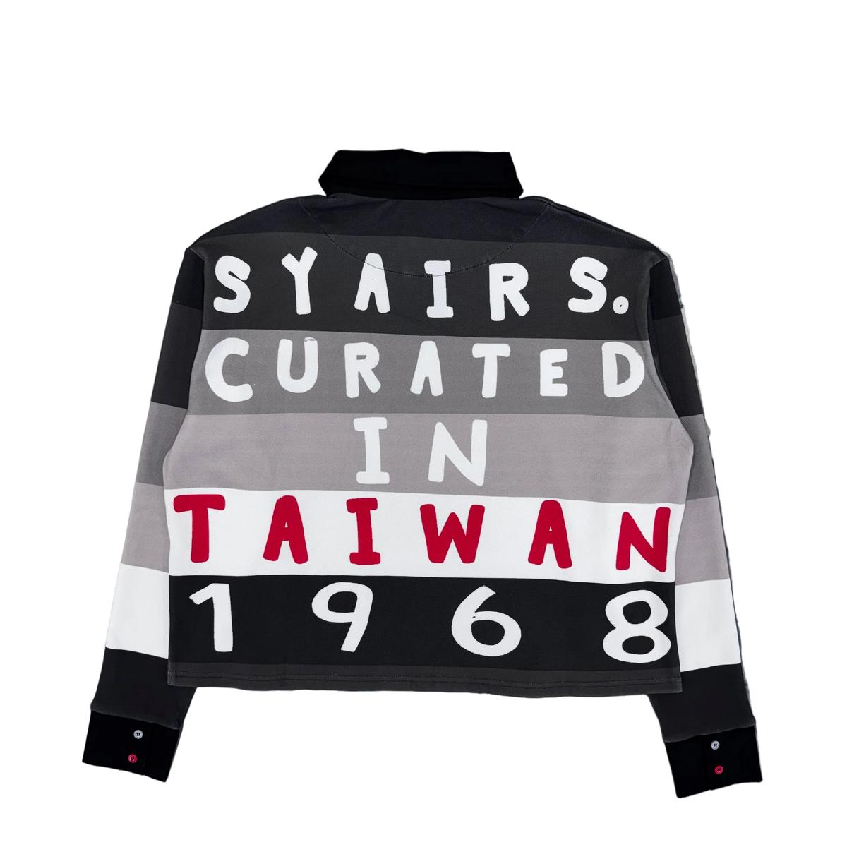 Syair Saihara Charcoal 1968 Taiwan Polo showcasing unique back design with text highlights in gray, black, and red colors.