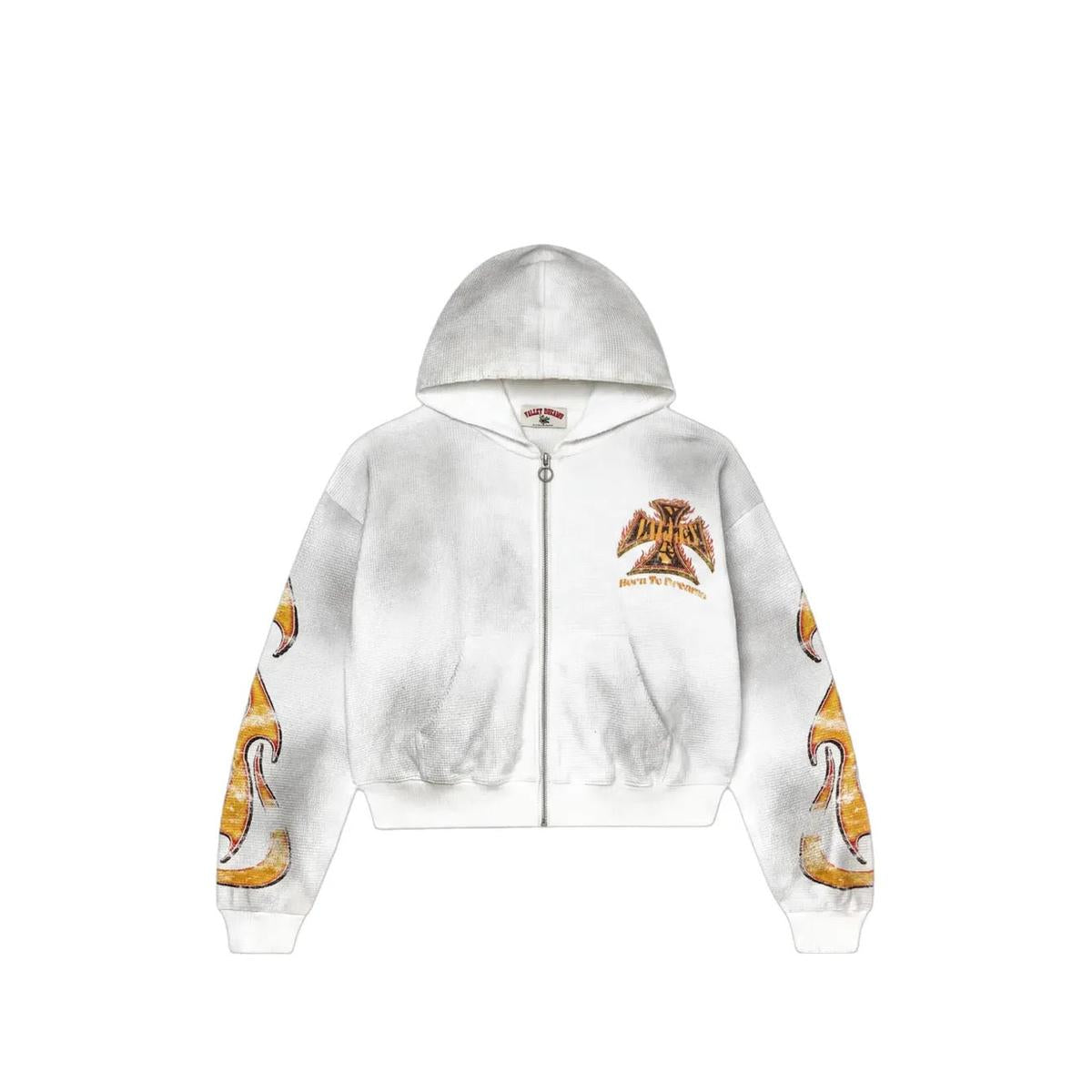 Vale Forever white waffle-textured zip-up hoodie with flame sleeve graphics and a cross chest logo.