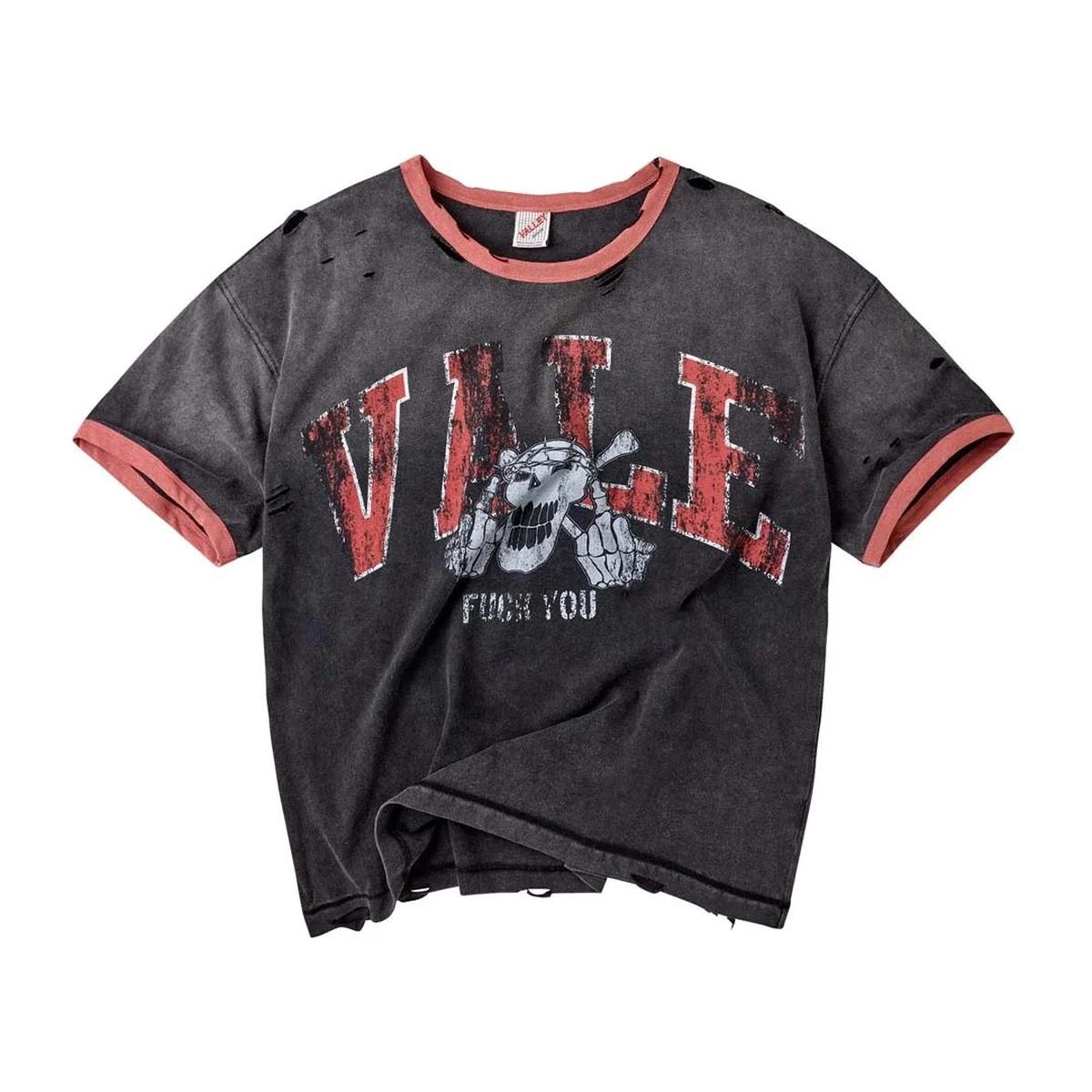 Washed black distressed tee with red trim, arched VALE graphic, and a grey ape-head crest with cracked lettering.