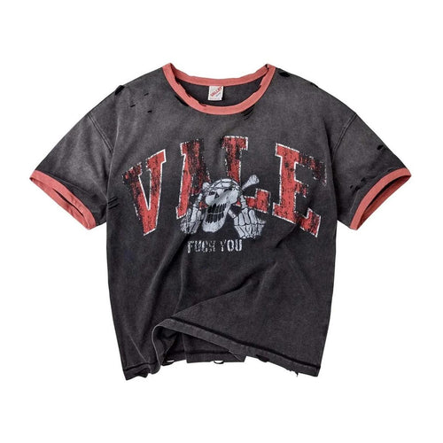 Washed black distressed tee with red trim, arched VALE graphic, and a grey ape-head crest with cracked lettering.