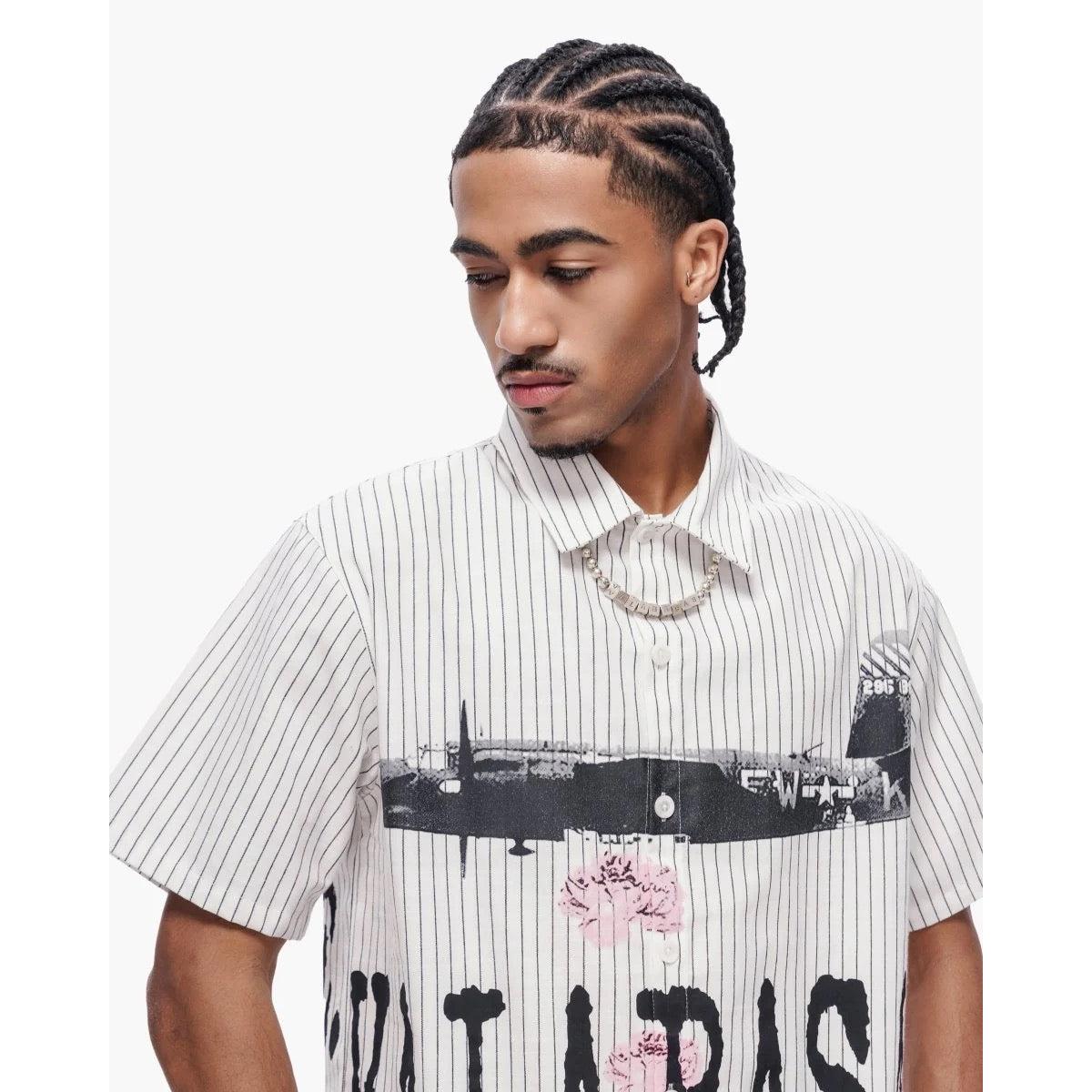 Valabasas | Flower Bomb Pin-Striped Button Up - White