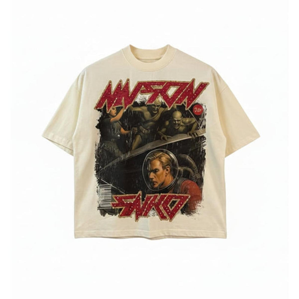 Vintage-style t-shirt with graphic design and text on a rack against a textured wall.