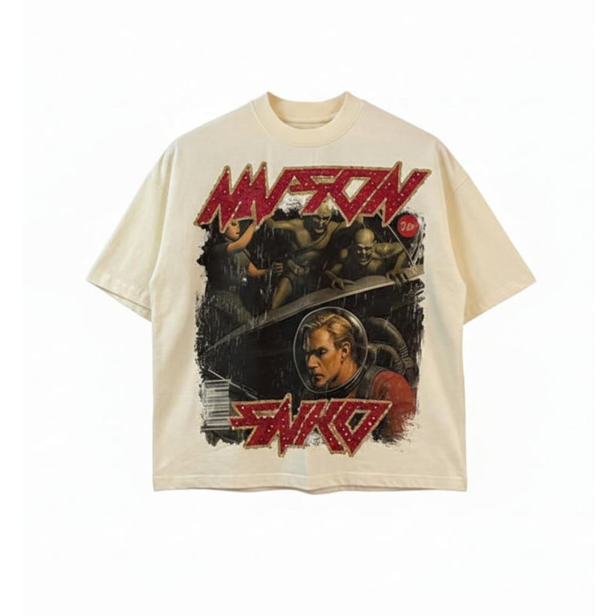 Vintage-style t-shirt with graphic design and text on a rack against a textured wall.